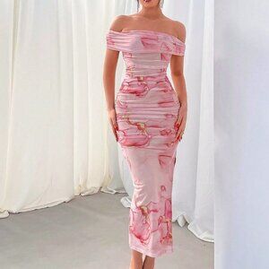 Pink Boho Women's Valentine's Day Floral Print Off-Shoulder Mesh Maxi Dress